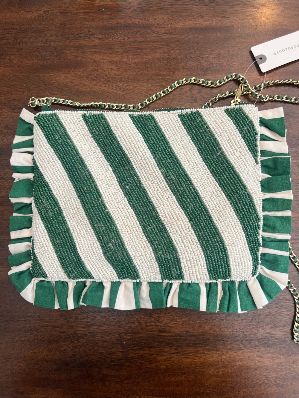 Anthropologie Green and White M Anna Embroidered Ruffle Beaded Crossbody Bag - Picture 8 of 11